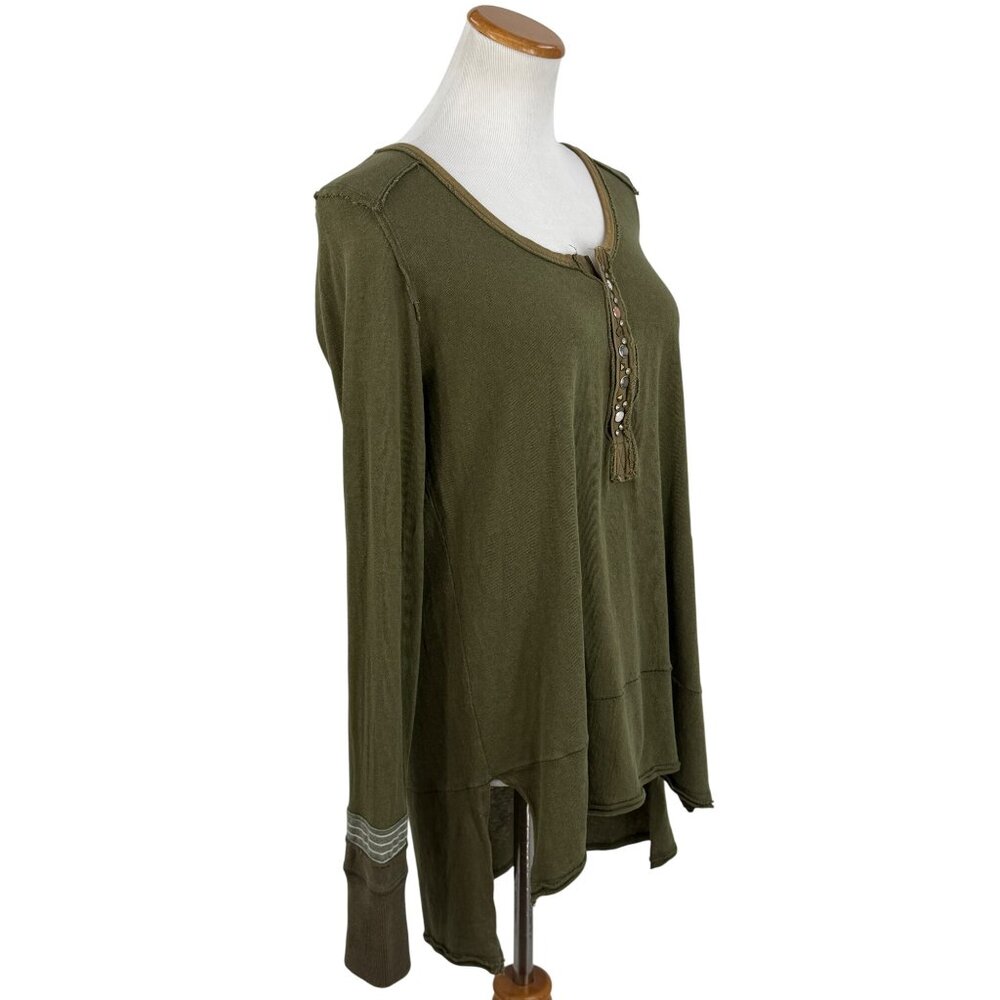 Free People Olive Green Long Sleeve Relaxed Henley Top | Boho Cottagecore Indie - Picture 12 of 16